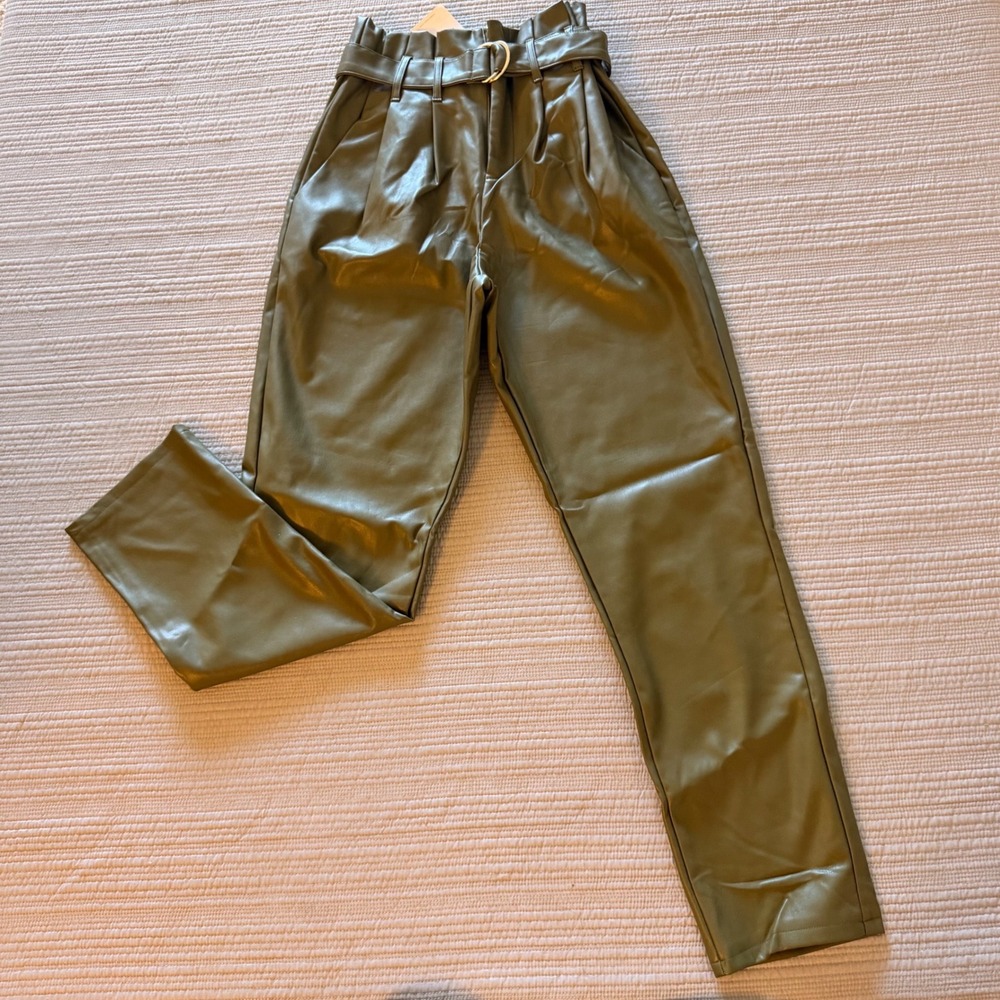 NWT Forever 21 Women's Faux Leather Paperbag Waist Trousers Cypress Green Size M